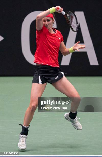 Greet Minnen of Belgium hits a forehand during her match against Katherine Sebov of Canada on Day 2 of the Billie Jean King Cup Qualifier match...