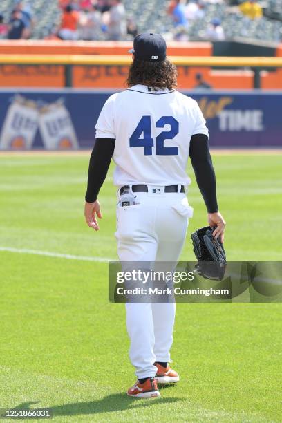 Michael Lorenzen of the Detroit Tigers walks to the bullpen to warm-up prior to the game against the San Francisco Giants at Comerica Park on April...