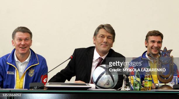 Ukraine's president Viktor Yushchenko greet players of the football National team of Ukraine while main coach Oleg Blokhin and football star Andriy...