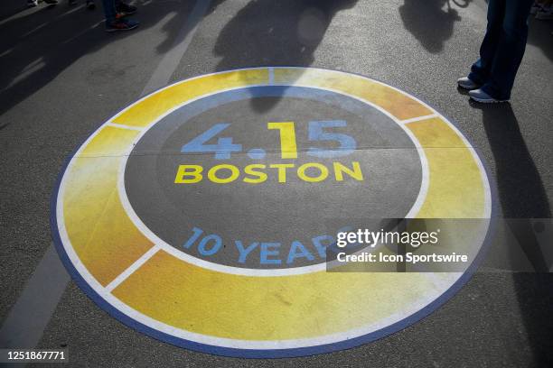 Detail view of the One Boston Day marker placed near the Boston Marathon finish line on April 15, 2023 on Boylston Street, in Boston, MA.