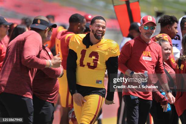 Los Angeles, CA USC quarterback and Heisman Trophy winner Caleb Williams has a little fun dancing on the sideline during the Spring Game at LA...