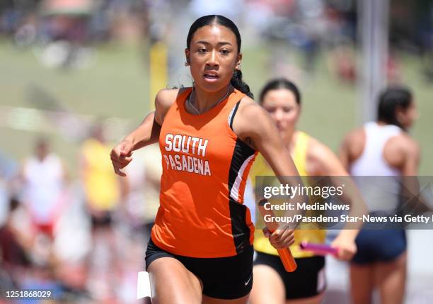 Walnut, CA Mia Holden of South Pasadena competes in the girls 4x100 meter relay seeded during the Mt. SAC Relays in Hilmer Lodge Stadium on the...