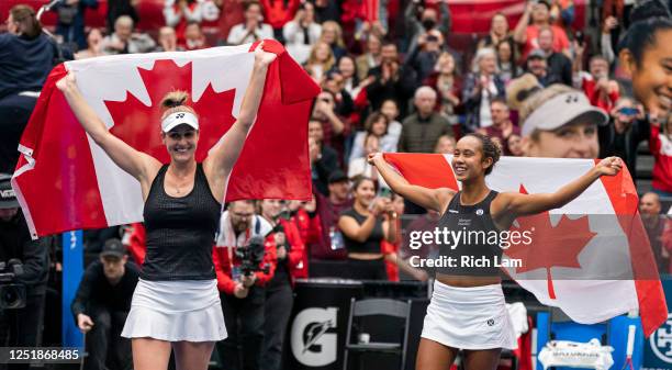 Leylah Annie Fernandez and Gabriela Dabrowski of Canada celebrate after defeating Kirsten Flipkens and Greet Minnen of Belgium in doubles action on...