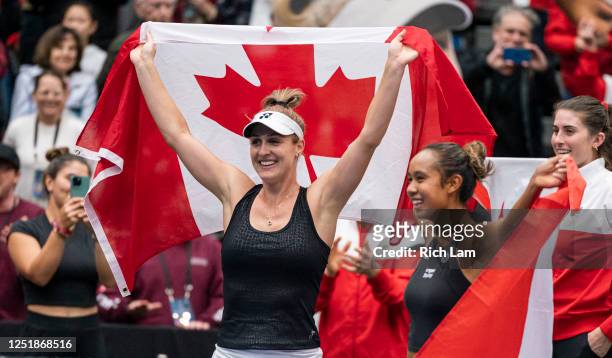 Leylah Annie Fernandez and Gabriela Dabrowski of Canada celebrate after defeating Kirsten Flipkens and Greet Minnen of Belgium in doubles action on...