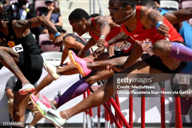 Walnut, CA Athletes compete in the 110 meter hurdles Invitational Elite during the Mt. SAC Relays in Hilmer Lodge Stadium on the campus of Mt. San...