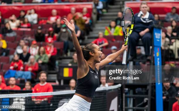 Leylah Annie Fernandez of Canada of Canada celebrates after defeating Kirsten Flipkens and Greet Minnen of Belgium in doubles action on Day 2 of the...