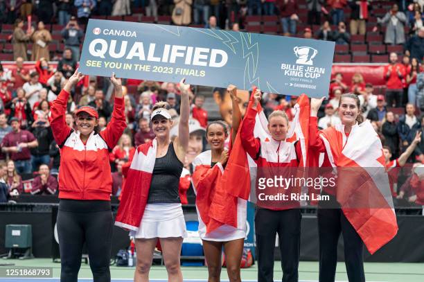 Heidi El Tabakh, captain of Team Canada, Gabriela Dabrowski, Leylah Annie Fernandez, Katherine Sebov and Rebecca Marino celebrate after qualifying...