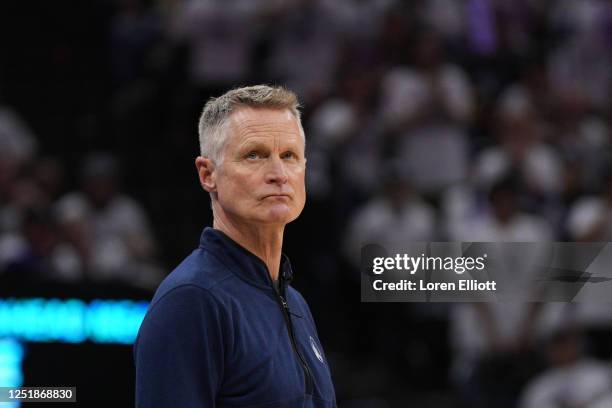 Golden State Warriors head coach Steve Kerr looks on from the sideline as his team plays the Sacramento Kings during the second quarter in Game One...