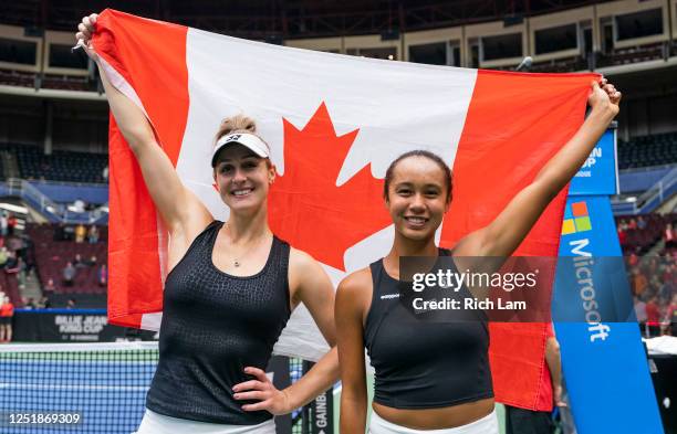 Leylah Annie Fernandez and Gabriela Dabrowski of Canada pose for a photo after defeating Kirsten Flipkens and Greet Minnen of Belgium in doubles...