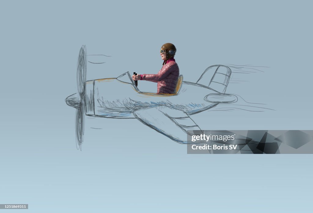 Woman Pilot in hand-drawn airplane