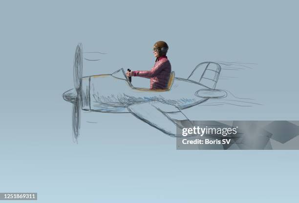 woman pilot in hand-drawn airplane - piloting stock pictures, royalty-free photos & images