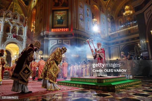 Russian Orthodox Patriarch Kirill leads an Orthodox Easter service at the Christ the Saviour cathedral in Moscow early on April 16, 2023.