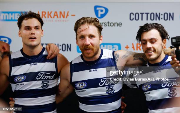 Zach Tuohy of the Cats sings the team song during the 2023 AFL Round 05 match between the Geelong Cats and the West Coast Eagles at Adelaide Oval on...