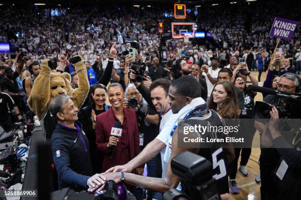 De'Aaron Fox of the Sacramento Kings lights the beam after defeating the Golden State Warriors in Game One of the Western Conference First Round...