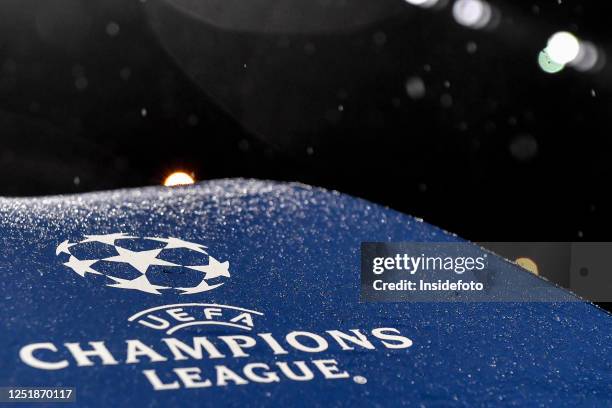 Champions League logo is seen on an umbrella during the Champions League football match between AC Milan and SSC Napoli. Milan won 1-0 over Napoli.