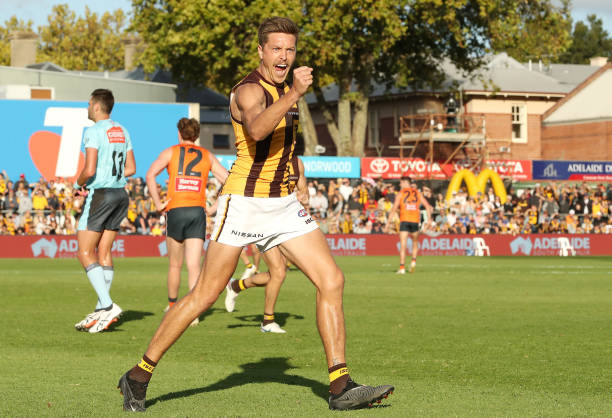 Fergus Greene of the Hawks celebrates a goal during the 2023 AFL Round 05 match between the GWS Giants and the Hawthorn Hawks at Norwood Oval on...