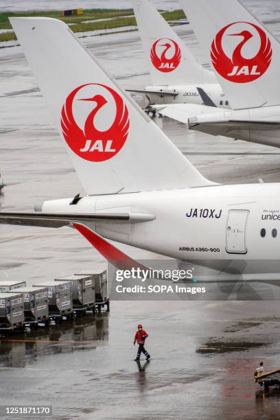 Japan Airlines airplanes seen at the Tokyo International Airport, commonly known as Haneda Airport in Tokyo.