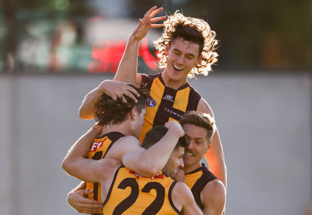 Ned Long, Luke Breust, Connor Macdonald and Fergus Greene of the Hawks celebrate during the 2023 AFL Round 05 match between the GWS Giants and the...