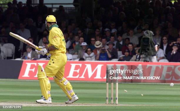 Australia`s Ricky Ponting looks back to see his bails flying after he was bowled by Henry Olonga in the match between Zimbabwe v Australia in the...