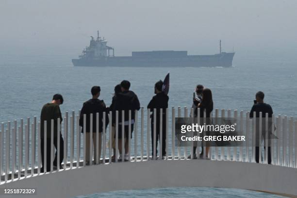Chinese tourists watch a cargo ship sailing through the Taiwan Strait, on the coast of Pingtan island, the closest point in China to Taiwan, in...