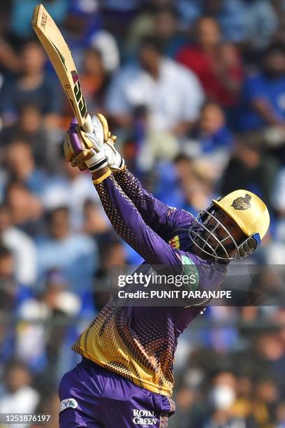 Kolkata Knight Riders' Venkatesh Iyer plays a shot during the Indian Premier League Twenty20 cricket match between Kolkata Knight Riders and Mumbai...