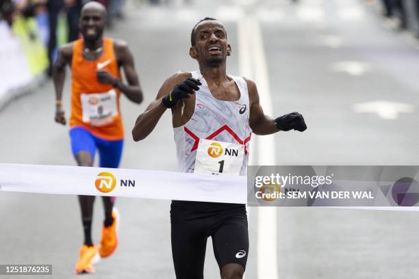 Bashir Abdi from Belgium crosses the finish line to win the Rotterdam Marathon in Rotterdam, on April 16, 2023. / Netherlands OUT