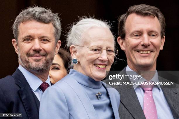 Crown Prince Frederik of Denmark, Queen Margrethe II of Denmark and Prince Joachim of Denmark arrive for the Queen's 83rd birthday celebrations at...