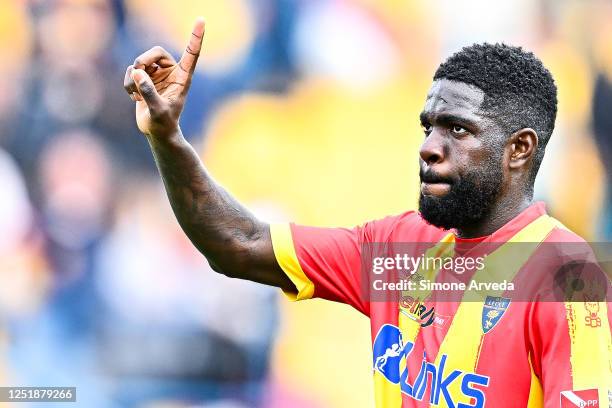 Samuel Umtiti of Lecce reacts with disappointment after the Serie A match between US Lecce and UC Sampdoria at Stadio Via del Mare on April 16, 2023...