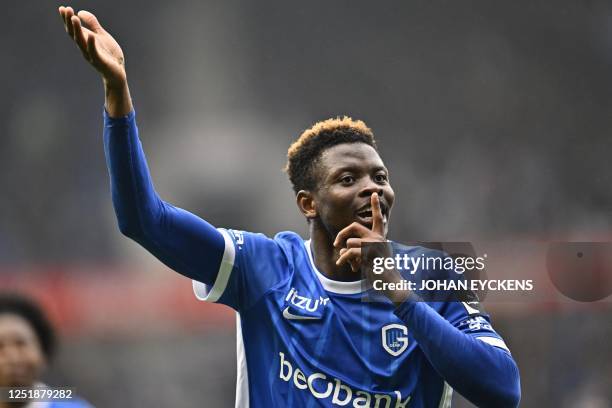 Genk's Ivoirian midfielder Mohamed Aziz Ouattara celebrates after scoring during the Belgian Pro League football match between KRC Genk and RSC...