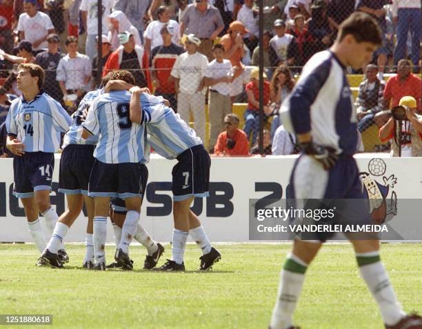 Argentine players of Sub 20 selection celebrates their second goal against Bolivian selection during the XX South American Soccer Championship game...