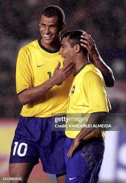 Brazilian select player Rivaldo celebrates Romario's third goal aginst Bolivia 03 September 2000 during Japan-Korea 2002 World Cup qualification game...