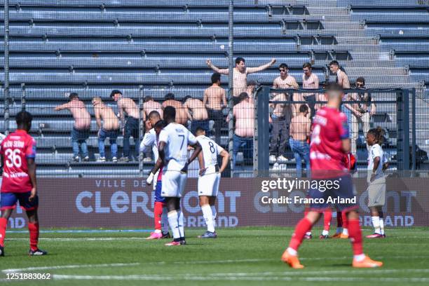 Angers fans during the Ligue 1 Uber Eats match between Clermont and Angers at Stade Gabriel Montpied on April 16, 2023 in Clermont-Ferrand, France.