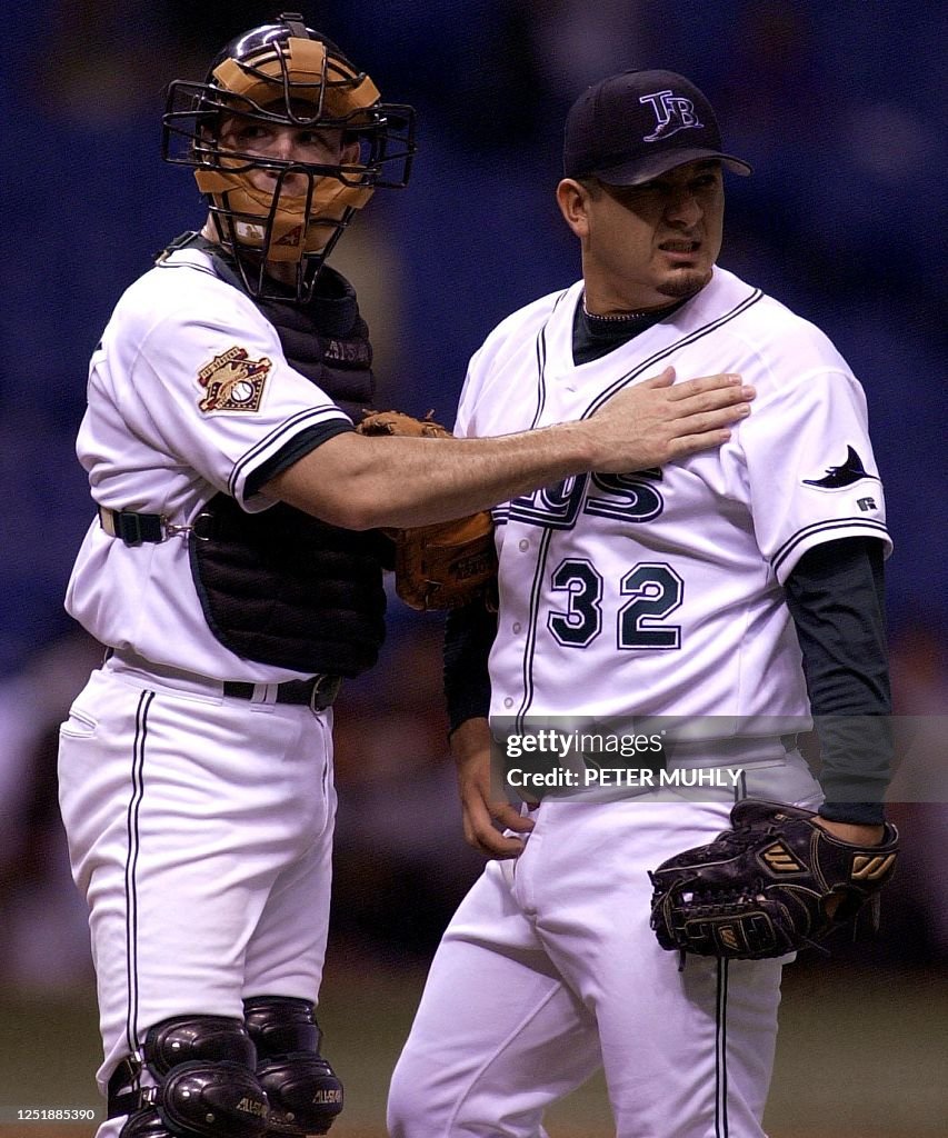 Derrick Devil Rays Tampa Bay Devil Rays' catcher John Flaherty waits with Devil Rays ...