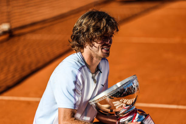 Andrey RUBLEV of Russia celebrates his victory with the trophy during the Final of Rolex Monte-Carlo Masters 1000 on April 16, 2023 in Monte Carlo,...