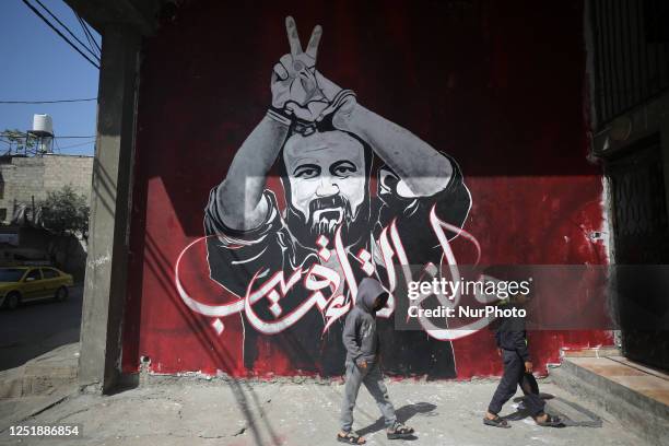 Big mural shows jailed Fatah leader Marwan Barghouti, in Jabalia refugee camp in the northern Gaza Strip on April 16, 2023.