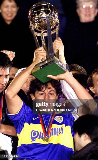 This photo shows Colombian player Jorge "Boss" Bermudez, it was taken 28 November 2000 when his team Boca Juniors of Argentina won the Tokyo...