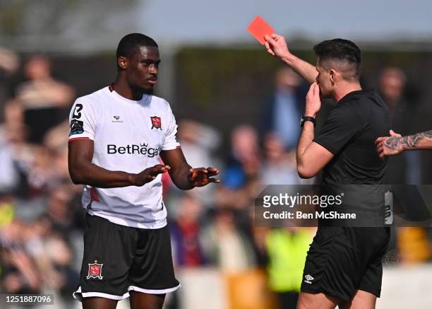 Louth , Ireland - 16 April 2023; Wasiri Williams of Dundalk reacts as he is sent off by referee Rob Hennessy during the SSE Airtricity Men's Premier...
