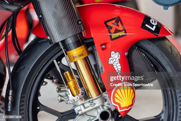 Ducati Lenovo Team motorcycle front fork and tire before Free Practice 3 of the MotoGP Red Bull Grand Prix of the Americas on April 15 at Circuit of...