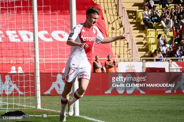 Monaco's Russian midfielder Aleksandr Golovin celebrates scoring his team's second goal during the French L1 football match between AS Monaco and FC...