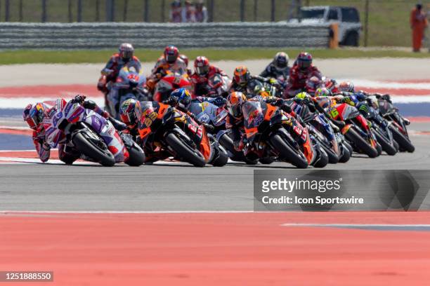 Jorge Martin of Spain and Prima Pramac Racing, Brad Binder of South Africa and Red Bull KTM Factory Racing and Jack Miller of Australia and Red Bull...
