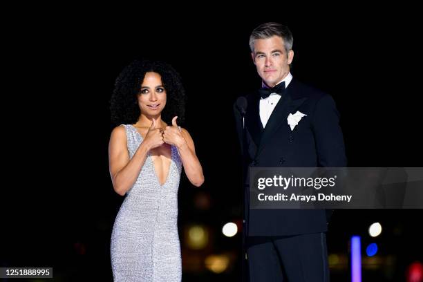 Lauren Ridloff and Chris Pine speak onstage during the Ninth Breakthrough Prize Ceremony at Academy Museum of Motion Pictures on April 15, 2023 in...