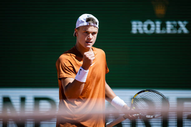 Holger Rune of Denmark celebrates a set game against Andrey Rublev during day eight of the Rolex Monte-Carlo Masters at Monte-Carlo Country Club on...
