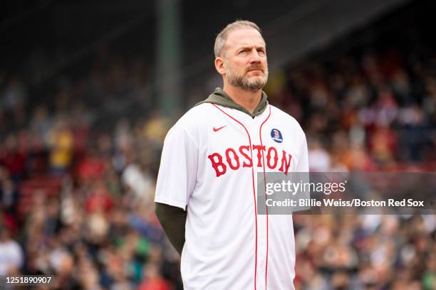 Former Boston Red Sox player Ryan Dempster is introduced during a pre-game ceremony in recognition of the 10 year anniversary of the 2013 World...