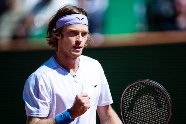 Andrey Rublev celebrates a game won against Holger Rune of Denmark during day eight of the Rolex Monte-Carlo Masters at Monte-Carlo Country Club on...