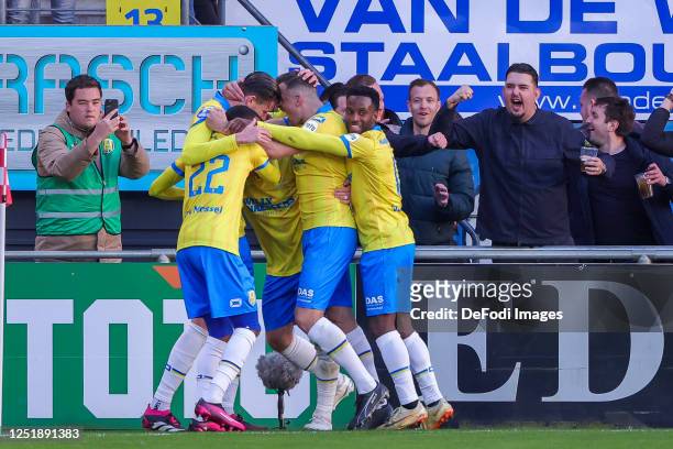 Michiel Kramer of RKC Waalwijk, Pelle Clement of RKC Waalwijk and Said Bakari of RKC Waalwijk celebrates after scoring his team?s 1:0 goal with team...