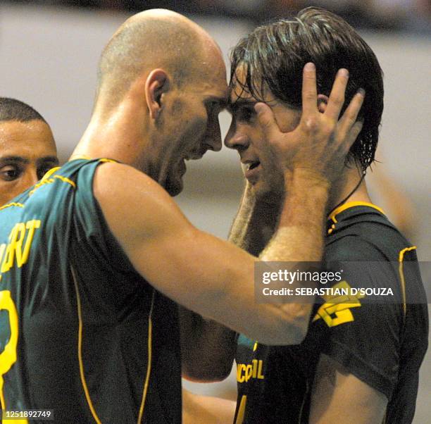 The Brazilians Nalbert and giba celebrate a point of the third set. Brazil beat Yugoslavia 3-1 and claasified as the first finalist for the World...