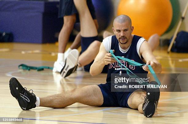 Jason Kidd of the New Jersey Nets stretches before his teams practice 06 June 2002, in Los Angeles, CA. The Nets trail the Los Angeles Lakers 1-0 in...