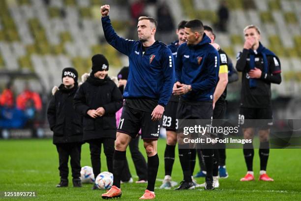 Kamil Grosicki of Pogon Szczecin celebrates after winning game during the Ekstraklasa match between Lechia Gdansk and Pogon Szczecin at Polsat Plus...