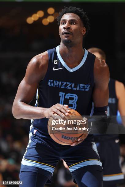 Jaren Jackson Jr. #13 of the Memphis Grizzlies shoots a free throw during Round 1 Game 1 of the NBA Playoffs against the Los Angeles Lakers on April...