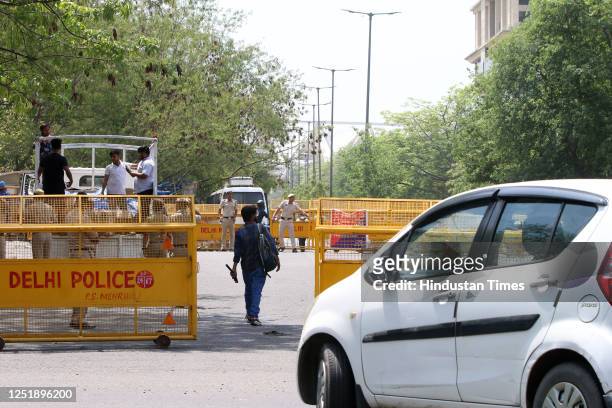 Police placed heavy barricades near CBI Office as CBI summons Delhi Chief Minister Arvind Kejriwal, on April 16, 2023 in New Delhi, India. Delhi...